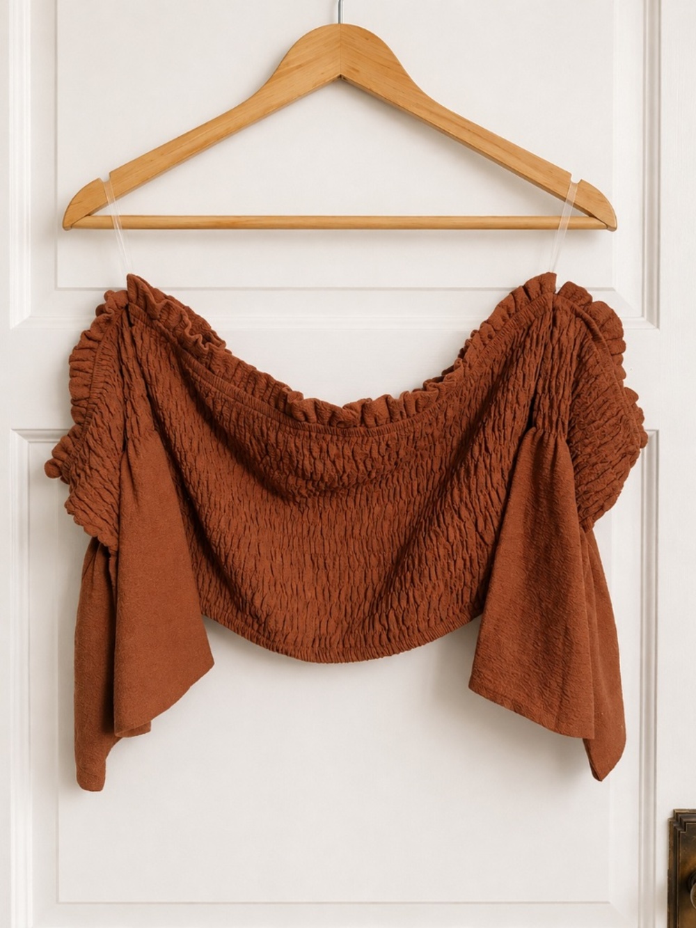 Blushing Heart Rust Smocked Off Shoulder Crop Top L NWT